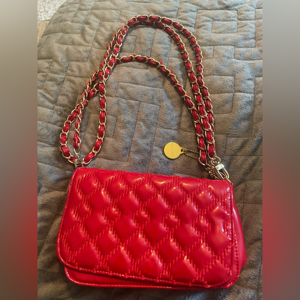 Big Buddha Quilted Red Patent Mini Purse with gold chain accents and interior